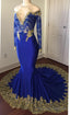 2026 Sexy Mermaid Royal Blue And Gold Appliques Long Sleeves V Neck Off Shoulder Prom Dress