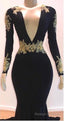 2026 Black Mermaid/Trumpet Long Sleeve V Neck Applique Elastic Satin Prom Dresses