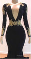2025 Black Mermaid/Trumpet Long Sleeve V Neck Applique Elastic Satin Prom Dresses