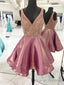 2026 A Line V Neck Sleeveless V Back Beading Layers Cut Short Mini Homecoming Dresses