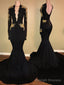 Deep V Neck Backless Long Sleeve Satin Black Mermaid Appliques 2026 Prom Dresses