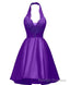 Halter Deep V Neck Satin Appliques Purple Backless Pleated A Line Homecoming Dresses