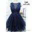 Jewel Sleeveless Appliques Beading A Line Tulle Sheer Pleated Dark Navy Homecoming Dresses