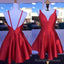 Deep V Neck Red Straps Backless Sleeveless A Line Satin Pleated Homecoming Dresses