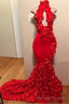 Red Mermaid High Neck Rose Open Front Backless 2026 Prom Dresses