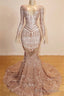 Charming Long Sleeves V Neck Backless Pink Lace 2026 Prom Dresses