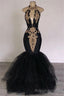 2025 Sexy Prom Dresses, Black Mermaid Tulle With Gold Appliques V Neck Backless