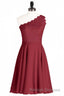 One Shoulder Burgundy Lace A Line Short Bridesmaid Dresses