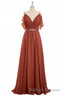 Rust Orange Chiffon Cold-Shoulder Long Bridesmaid Dresses