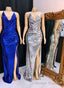 2026 Silver Halter Sequence Side Slit Backless Long Prom Dresses