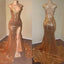 2026 Gold Halter Lace Up Back Sequence Side Slit Long Prom Dresses