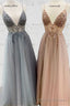 2026 A Line Sweetheart Beaded Blue Long Tulle Prom Dresses