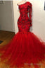 Mermaid 2025 Red Long Sleeves Tulle Beaded Long Prom Dresses