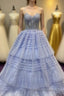 Periwinkle Lace Sweetheart Tiered Prom Dresses Long with Ruffles