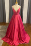 A Line Red Satin Plunge Neck Long Formal Dress
