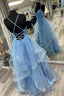 Blue Floral Appliques Lace-Up Tiered A Line Prom Dress