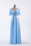 Flutter Sleeves Blue Chiffon A Line Long Bridesmaid Dresses