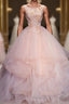 Pink Round Neck Tulle Lace Long Prom Dresses Lace Prom Dresses