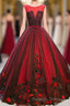 Burgundy Round Neck Tulle Lace Applique Long Prom Dress, Burgundy Evening Dress