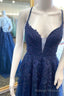 Navy Blue Appliques Plunge Neck Lace-Up A Line Prom Dress