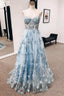 Blue 3D Floral Lace Sweetheart A Line Long Prom Dress