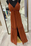 Brown A Line V Neck Straps Ruffle Buttons Long Bridesmaid Dress with Slit