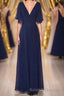 Navy Blue Chiffon V-Neck Ruffled Sleeve Long Bridesmaid Dress