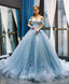 Blue Off Shoulder Tulle Lace Long Prom Gowns Blue Prom Dress