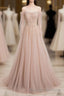 Champagne Pink Tulle Beads Long Prom Dress, Champagne Evening Dress