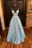 Blue V Neck Sequins Long Prom Dresses, A Line Prom Dresses