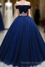 Dark Blue Tulle Off Shoulder Long Prom Dress, Blue Sweet 16 Dress