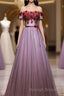 Pink Tulle Lace Applique Long Prom Dresseses
