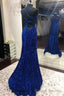 Mermaid Sequins Long Prom Dresses, Blue Backless Prom Dresses