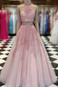 2 Pieces Pink Red Lace Prom Dresses, Two Pieces Pink Red Tulle Lace Formal Evening Dresses