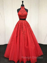 2 Pieces Pink Red Lace Prom Dresses, Two Pieces Pink Red Tulle Lace Formal Evening Dresses