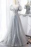 Gray Tulle Lace Long Prom Dress, A Line Prom Dress