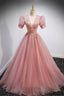 Pink V Neck Tulle Long Prom Dresses, A Line Short Sleeve Prom Dresses