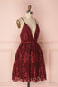 Burgundy V Neck Lace Short Backless Prom Dress, Cute Lace Prom Dress