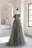 Gray Tulle Lace Long Prom Dress, A Line Off the Shoulder Prom Dress