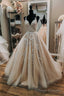 Champagne Tulle Lace Long Prom Dresses, A Line Formal Prom Dresses