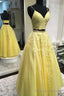 Yellow Lace Long Prom Dresses, Two Pieces Prom Dresses