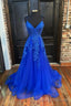 Blue Tulle Lace Long Prom Dress, V Neck Formal Prom Dress