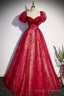 Burgndy Tulle Short Sleeve Formal Prom Dress, A Line Long Prom Dress