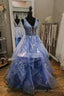 Blue V Neck Tulle Lace Long Prom Dresses, A Line Prom Dresses