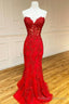 Red Strapless Lace Long Prom Dress, Mermaid Prom Dress