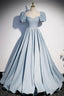 Blue Satin Pearl Long Prom Dress, Blue A Line Short Sleeve Prom Dress