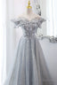 Gray Tulle Lace Long Prom Dresses, A Line Sequins Prom Dresses