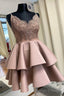 A Line Satin Lace Short Prom Dress, Cute Lace Prom Dress
