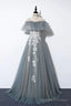 Gray Tulle Lace Long Prom Dress, A Line Prom Dress
