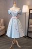 Blue Satin Off the Shoulder Prom Dresses, A Line Homecoming Dresses